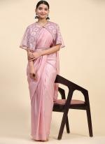 Imported Satin Pink Party Wear Embroidery Work Readymade Saree